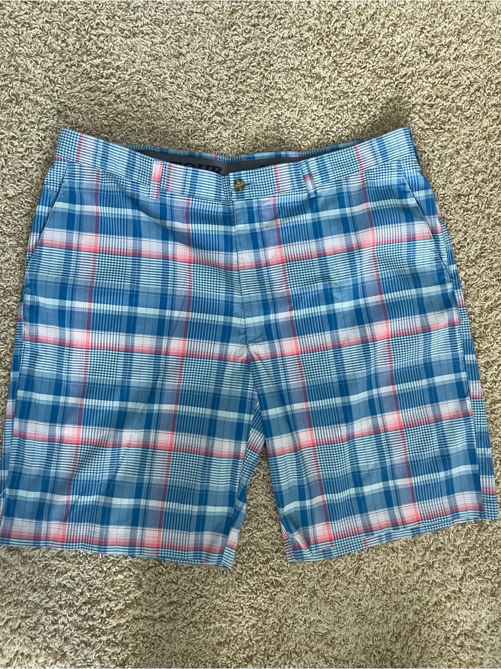 PGA Tour Men's Pink White Blue Bright Plaid Golf Lightweight Shorts Size 40